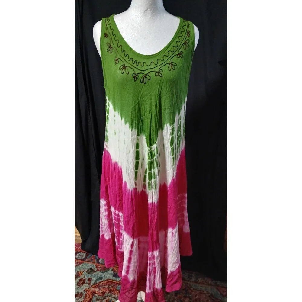 Emily Stacy Boho Sleeveless Umbrella Sundress Tie Dye Embroidered Neck S/M - Picture 1 of 10